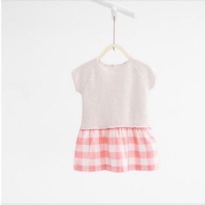 Zara BabyGirl sweater dress tan red gingham knit cap sleeves drop waist